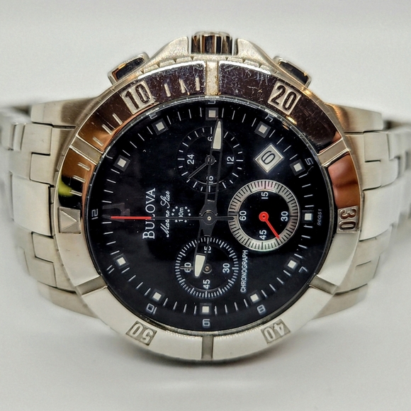 Bulova Marine Star Chronograph Date Black Dial Stainless Steel Men's Watch 96G51 - Picture 1 of 8